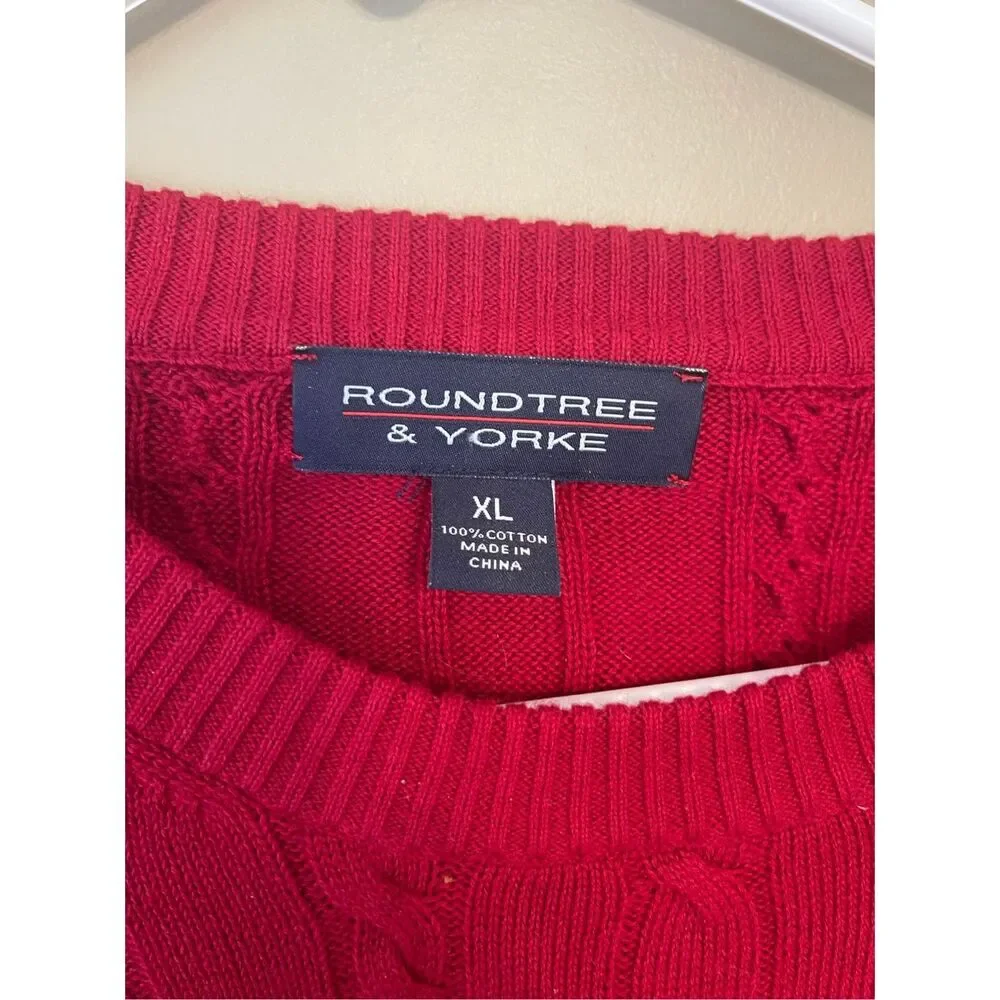 Roundtree & Yorke Mens Red Cotton Cable Knit Crewneck Sweater Extra Large XL